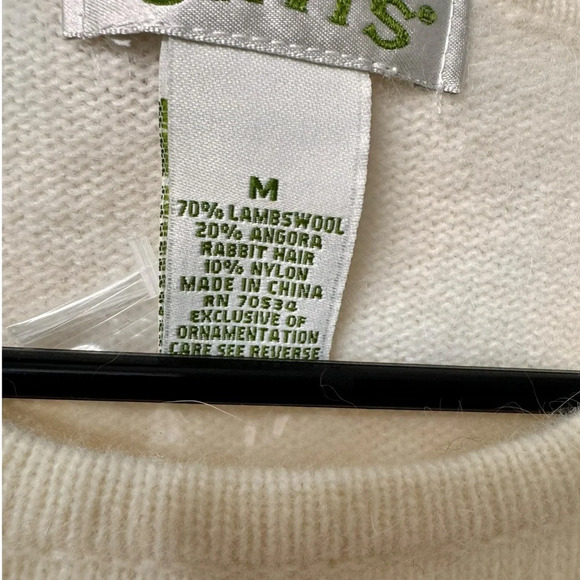 Orvis Ivory White Wool & Angora Christmas Wreath Snowflake Sweater NWOT Size M - Picture 4 of 6